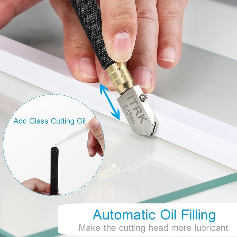 Camdios Glass Cutter 2mm-20mm & Glass Cutting Oil, Professional Upgrade Glass Cutters Tools with Carbide Tip & Automatic Oil Feed, Pencil Style Ergonomic Tool for Cutting Thick Glass, Tiles, Mirror, Mosaic - Image 3